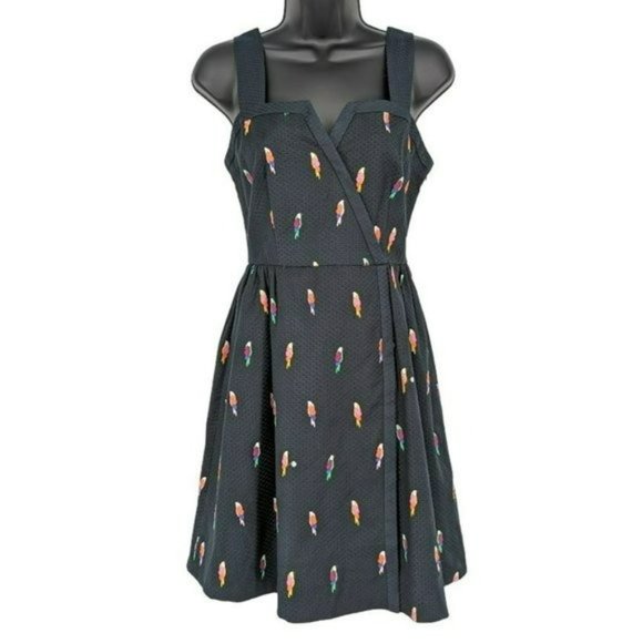 Kate Spade Flock Party Dress 0 Black Parrot Jacquard Fit N Flare Mock Wrap Mini - Picture 12 of 15